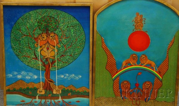 Sergio Bustamante (Mexican, b. 1942) Lot of Two W: Sergio Bustamante (Mexican, b. 1942) Lot of Two Works: Lions on a Rainbow Bridge and Lions in a Tree Each signed and dated "SERGIO BUSTAMANTE/77" u.r. and l.r., respectively. Acryli