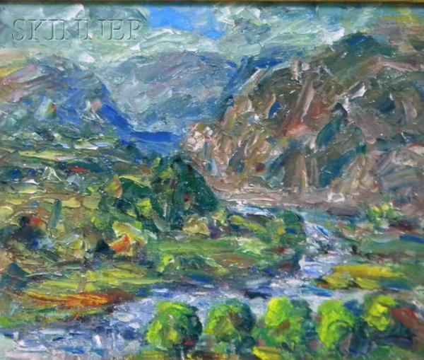 John Augustus Dominique (American, 1893-1994) Vent: John Augustus Dominique (American, 1893-1994) Ventura River / A California View Incised signature "Dominique" l.r., titled in pen on the reverse. Oil on Masonite, 10 x 12 in., framed.