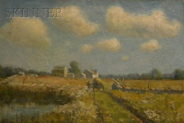William Staples Drown (American, 1856-1915) Countr: William Staples Drown (American, 1856-1915) Country Landscape Signed "W Staples Drown" l.l., oil on canvas, 13 5/8 x 19 3/4 in., framed. Condition: Paint loss, craquelure with lifting in the sky, surf