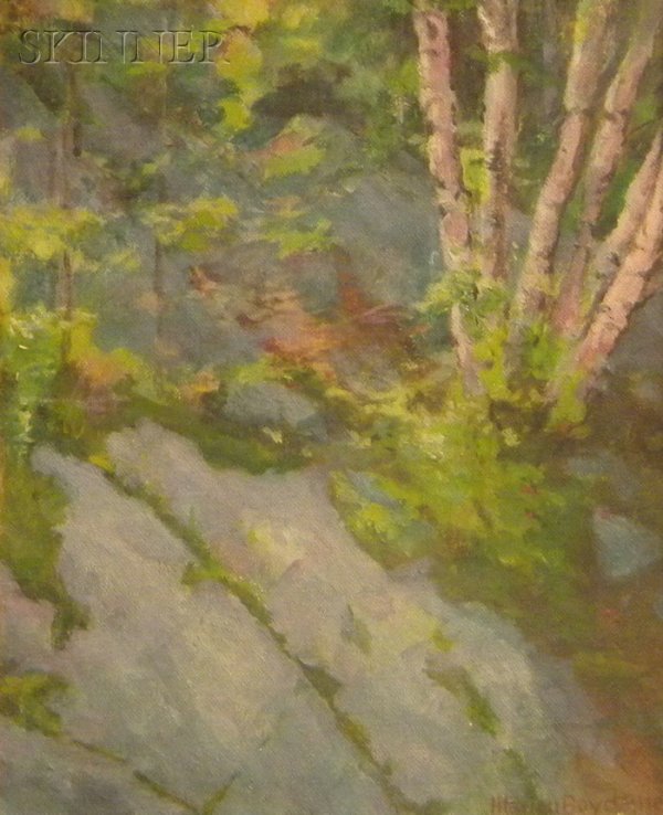 Marion Boyd Allen (American, 1862-1941) Birch Tree: Marion Boyd Allen (American, 1862-1941) Birch Trees, Mount Monadnock Signed and dated "Marion Boyd Allen/1937" l.r., titled on the reverse, titled and inscribed in ink on the backing, oil on canvasb