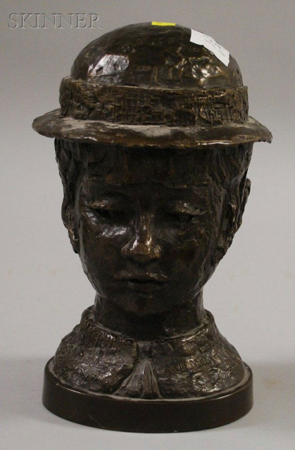 American School, 20th Century, Portrait Bust of a: American School, 20th Century Portrait Bust of a Girl with Hat Signed "V. CONLEY" within the cast l.r., and marked "Sc ©" on the reverse. Bronze with dark brown patina, approximately 11 1/2 x 6 x 7 i