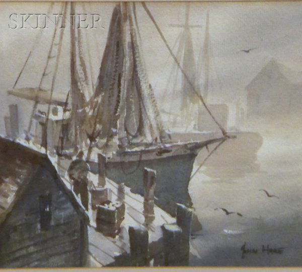 John Cuthbert Hare (American, 1908-1978) Wet Day R: John Cuthbert Hare (American, 1908-1978) Wet Day Reflections-Cape Cod Signed "JOHN HARE" l.r., titled on the mat l.l. Watercolor on paper, sight size 6 7/8 x 8 in., framed. Condition: Not ex