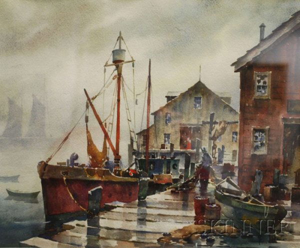 John Cuthbert Hare (American, 1908-1978) Wharf Sce: John Cuthbert Hare (American, 1908-1978) Wharf Scene Signed "John Hare" l.r., watercolor on paper, sight size 14 3/8 x 16 3/8 in., framed. Condition: Good, not examined out of frame.