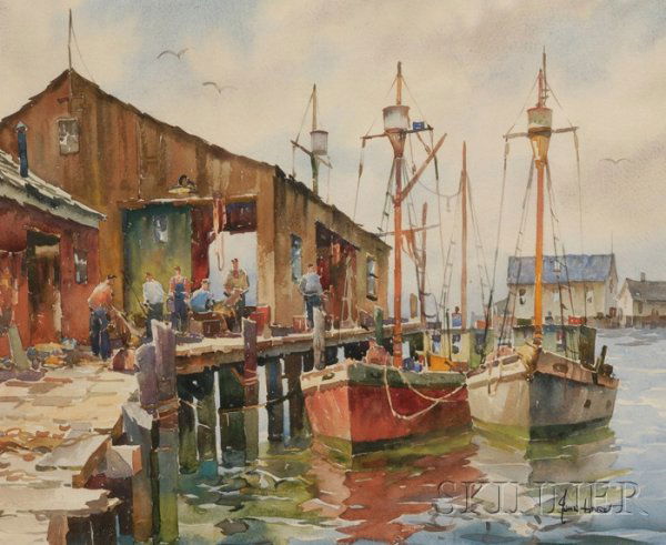 John Cuthbert Hare (American, 1908-1978) Workers a: John Cuthbert Hare (American, 1908-1978) Workers at the Boatyard Signed "John Hare" l.r. Watercolor on paper, sight size 13 3/4 x 16 3/4 in., framed. Condition: Good, not examined out of frame.