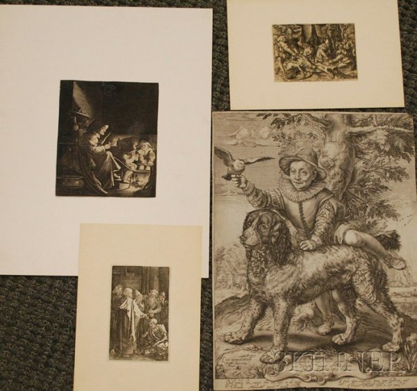 Lot of Four Unframed Old Master Prints Jan van de : Lot of Four Unframed Old Master Prints Jan van de Velde the Younger (Dutch, born c. 1593-1641), The Pancake Woman, engraving on paper, trimmed to the image (no text), hinged to card stock;