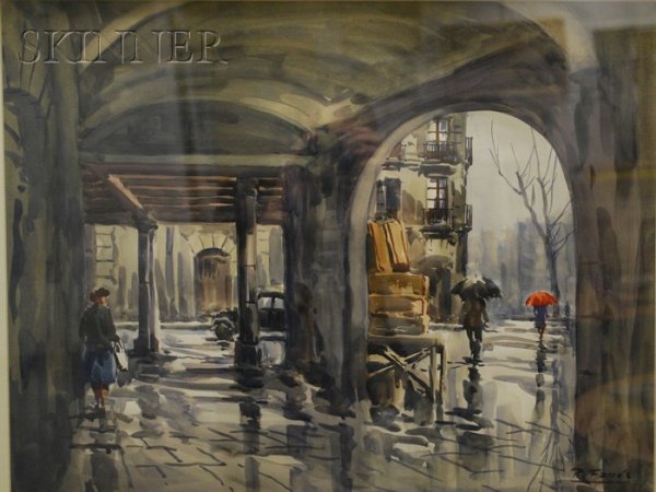 Continental School, 20th Century, Lot of Two Europ: Continental School, 20th Century Lot of Two European Street Views Both signed "R. Fanés" l.r. Watercolor on paper, sight sizes to 25 x 19 in., framed. Condition: Not examined out of frames.