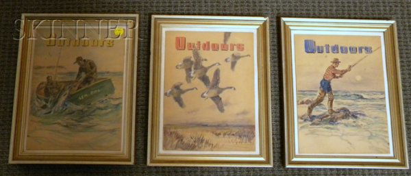 Attributed to Frank Vining Smith (American, 1879-1: Attributed to Frank Vining Smith (American, 1879-1967) Lot of Three Cover Illustrations for Outdoors. Each signed or inscribed "Frank Vining Smith" in pencil l.r. Watercolor with gouache and pencil