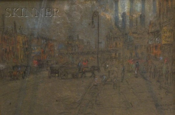 Lot of Two Pastels by Glenn (Glen) Cooper Henshaw : Lot of Two Pastels by Glenn (Glen) Cooper Henshaw (American, 1880-1946) New York Street, signed and inscribed "Henshaw/New York" l.r., pastel and pencil on paper, sight size 9 1/4 x 12 3/4 in.; Harb