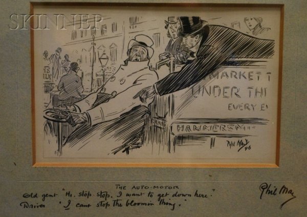 Philip William May (British/American, 1864-1903) T: Philip William May (British/American, 1864-1903) The Auto-Motor Signed and dated "Phil May/96" l.r., inscribed and titled "...Phil May" on the mat. Ink and graphite on paper, sight size 5 x 7 3