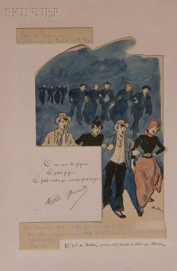Théophile Alexandre Steinlen (Swiss/French, 1859-1: Théophile Alexandre Steinlen (Swiss/French, 1859-1923) Number 103 from LE MIRLITON, 1893. Signed in the matrix, identified in inscriptions "...modele du colores par Steinlen" and sig