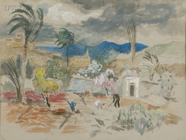 Pop (George Overbury) Hart (American, 1868-1933) : Pop (George Overbury) Hart (American, 1868-1933) Mr. Borg in His Garden/An Algerian Landscape Signed, inscribed and dated "Hart/Bousaada 1930" l.r., titled l.l., identified on labels from