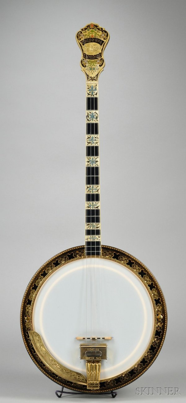 American Arch Top Tenor Banjo, Epiphone Banjo Corpo: American Arch Top Tenor Banjo, Epiphone Banjo Corporation, New York, 1928, Model Deluxe Recording, serial number 7036 stamped to inside of pot, diameter of head 11 in., with case. Letter of Appraisal: