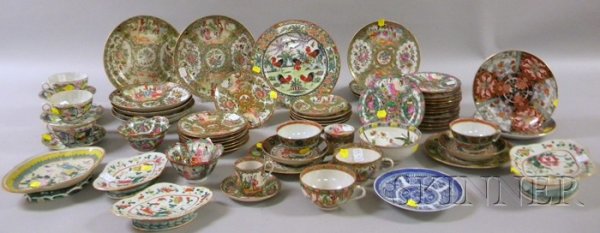 Group of Chinese Export Porcelain Tableware, late : Group of Chinese Export Porcelain Tableware, late 19th and 20th century, including Rose Medallion decorated items, plates, cups, saucers, footed dishes, bowl, small covered jar, etc., approx. 62 piece