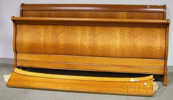 Classical-style Cherry and Cherry Veneer King-size: Classical-style Cherry and Cherry Veneer King-size Sleigh Bed, with rails, with paper label, rail lg. 73, headboard wd. 83 1/4 in.
