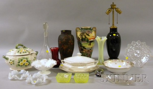 Seven Pieces of Assorted Decorated Ceramics and El: Seven Pieces of Assorted Decorated Ceramics and Eleven Pieces of Assorted Art Glass and Tableware, including a black glazed vase/lamp, two Japanese vases, a covered tureen and ladle, a covered serving