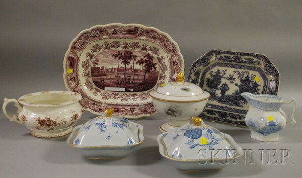 Seven Pieces of Assorted Transfer Decorated Cerami: Seven Pieces of Assorted Transfer Decorated Ceramic Tableware, a pair of Copeland Aesthetic covered serving dishes, a gilt and seashell decorated porcelain covered serving bowl, a Flow Mulberry Temple