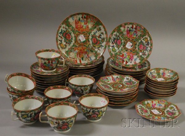 Forty-eight Pieces of Chinese Export Porcelain Ros: Forty-eight Pieces of Chinese Export Porcelain Rose Medallion Tableware, late 19th/early 20th cenury, including plates, dishes, cups and saucers, and small bowls, (wear, prevelant edge/rim nicks and c