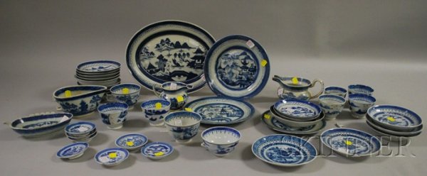 Forty-three Pieces of Chinese Export Porcelain Can: Forty-three Pieces of Chinese Export Porcelain Canton and Nanking Blue and White Tableware.