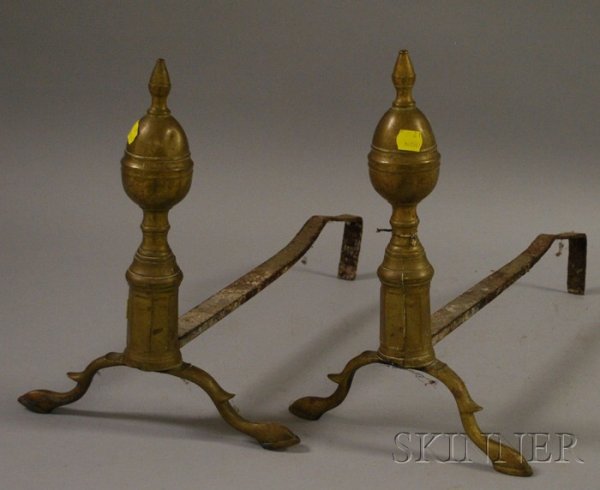 Pair of Brass Spire Lemon-top Andirons, with seam,: Pair of Brass Spire Lemon-top Andirons, with seam, ht. 13 1/2 in.