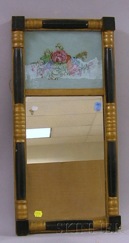 Gold and Black-painted Split-baluster Mirror with : Gold and Black-painted Split-baluster Mirror with Reverse-painted Glass Spray of Flowers Tablet, lg. 23 3/4 in.