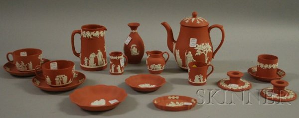 Seventeen Modern Wedgwood Terra-cotta Solid Jasper: Seventeen Modern Wedgwood Terra-cotta Solid Jasperware Items, a teapot, pitcher, two miniature pitchers, ovoid vase, two teacups with matching saucers, one demitasse cup, a small jar, a saucer, a pair