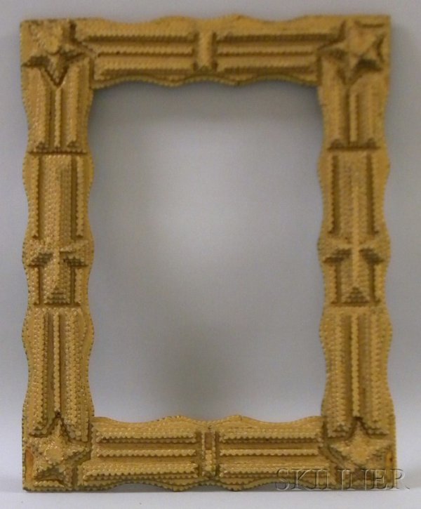 Gold-painted Tramp Art Notch-carved Wooden Frame, : Gold-painted Tramp Art Notch-carved Wooden Frame, 20 x 15 3/4 in.