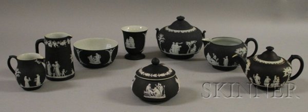Eight Wedgwood Black Jasper Dip Tea and Tableware : Eight Wedgwood Black Jasper Dip Tea and Tableware Items, a teapot, creamer and sugar, two jugs, a footed vase, bowl, and a covered sugar, (good condition).