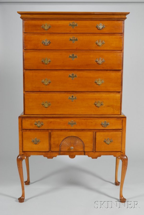 Queen Anne Carved Maple Flat-top Highboy, in two p: Queen Anne Carved Maple Flat-top Highboy, in two parts, (married, refinished, restoration, locks out, replaced hardware, moldings, legs, imperfections), ht. 74, wd. 41 1/2, dp. 20 in.