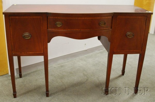 Federal-style Inlaid Mahogany and Mahogany Veneer : Federal-style Inlaid Mahogany and Mahogany Veneer Swell-front Sideboard, (good condition, minor edge wear/abrasion), ht. 37 3/4, lg. 56, dp. 20 1/2 in.