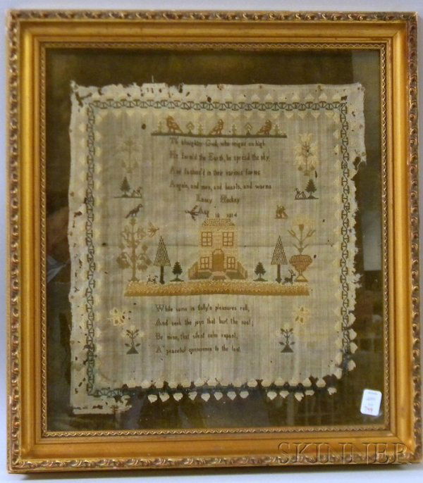 Framed 1814 Nancy Hockey Needlework Sampler, (loss: Framed 1814 Nancy Hockey Needlework Sampler, (losses), 13 1/4 x 12 in.
