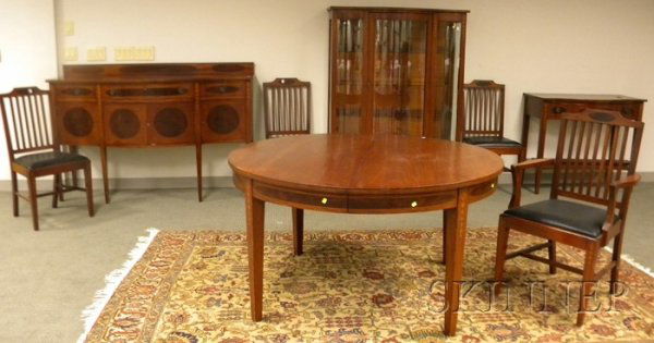 Ten-piece Federal-style Inlaid Mahogany Dining Ro: Ten-piece Federal-style Inlaid Mahogany Dining Room Set, a serpentine sideboard, server, china cabinet with three fixed shelves, dining table, and six dining chairs, with three leaves, overall sideboa