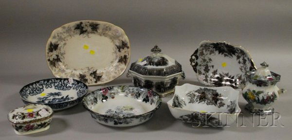 Eight Pieces of Assorted English Flow Mulberry Tr: Eight Pieces of Assorted English Flow Mulberry Transfer Decorated Staffordshire Tableware, a tureen, three serving bowls, a platter, footed serving dish, covered soap dish, and a covered sugar.