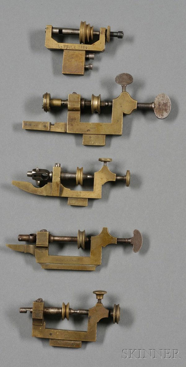 Five Brass and Steel Turns, England, 19th century,: Five Brass and Steel Turns, England, 19th century, with marks for J.&T. JONES PRESCOT, YOXON of Liverpool, L. WEULE, T&GW, and IIW for John I. Wilmurt, lg. 3 1/