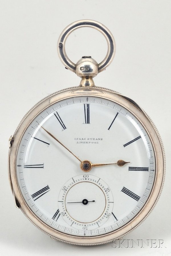 Silver Consular Case Single Roller Watch by Isaac : Silver Consular Case Single Roller Watch by Isaac Steane, 42 Whitechapel, Liverpool, serial #23,047, hallmarked 1876, long narrow floral engraved balance cock, curved foot, four wheel "Liverpool runne