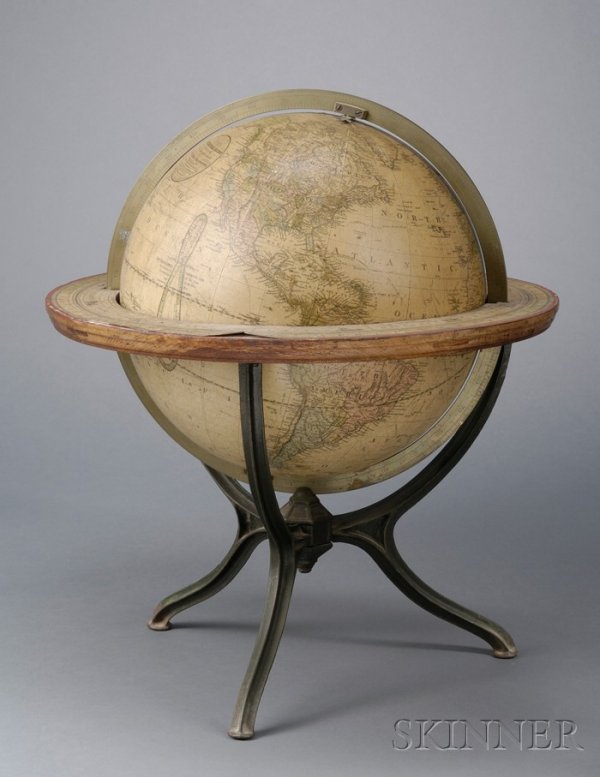 12-Inch Terrestrial Table Globe by Joslin, Boston,: 12-Inch Terrestrial Table Globe by Joslin, Boston, twelve printed paper gores with polar callottes and brass pointer, analemma and maker's cartouche in the North Pacific Ocean, the latter stating Josl