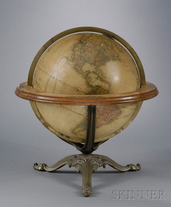 16-inch Terrestrial Table Globe by Gilman Joslin, : 16-inch Terrestrial Table Globe by Gilman Joslin, Boston, Massachusetts, twelve printed paper gores laid on metal sphere, countries depicted in various colors and the oceans in beige, Analemma Showing