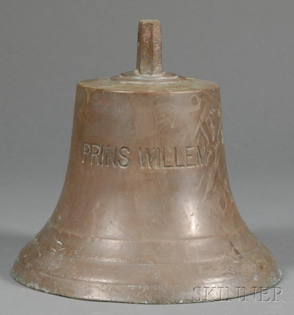 Bronze Ship's Bell Marked Prins Willem V, 11 1/2 i: Bronze Ship's Bell Marked Prins Willem V, 11 1/2 in. dia. bell with cast inscription, (lacking a clapper), ht. 12 in. Note: The Prins Willem collided with a towed barge on Lake Michigan, October 14,