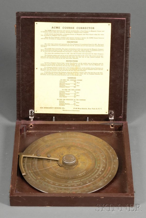 Acme Course Corrector, Sea Emergency Devices Co., : Acme Course Corrector, Sea Emergency Devices Co., New York, 10-in. dia. brass finished aluminum disc with calibrated rings, the outer fixed ring representing the true compass, moveable inner ring repr