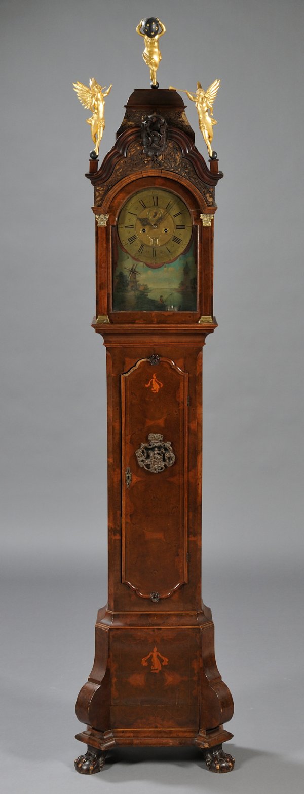 Burl Walnut Longcase Clock with Automata by Jonath: Burl Walnut Longcase Clock with Automata by Jonathan Marsh, Leiden, Netherlands, the caddy top with carved figures of heralding angels and Atlas, blind fretwork backed with fabric on the caddy and tym