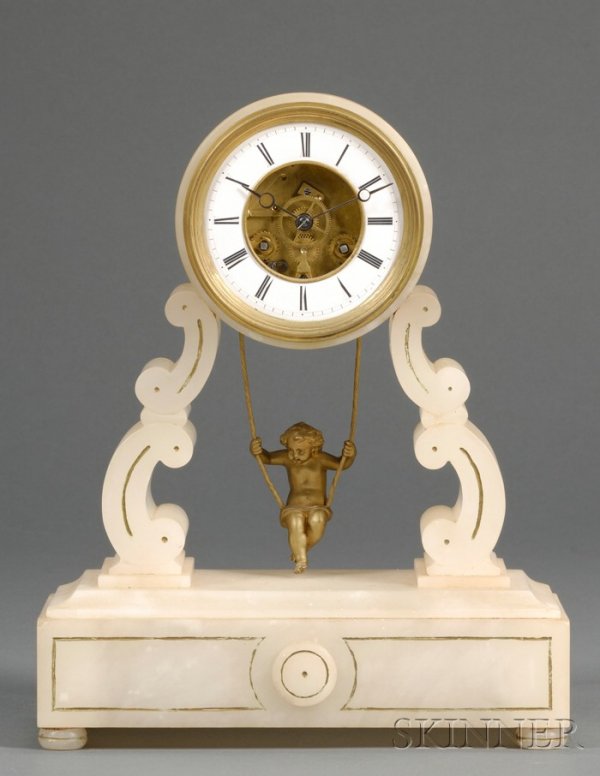 French Onyx "Swinger" Mantel Clock, Paris, onyx cy: French Onyx "Swinger" Mantel Clock, Paris, onyx cyma curves support the 4-in. dia. chapter ring with Roman numerals and center removed to expose the eight-day time and strike movement with dual escape