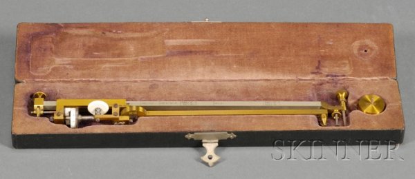 Brass Polar Plani Meter, tracer arm with stamped c: Brass Polar Plani Meter, tracer arm with stamped conversion factors, measuring wheel with vernier and worm gear drive to main dial all in a felt line hinged case, lg. of instrument, 9 3/4 in.