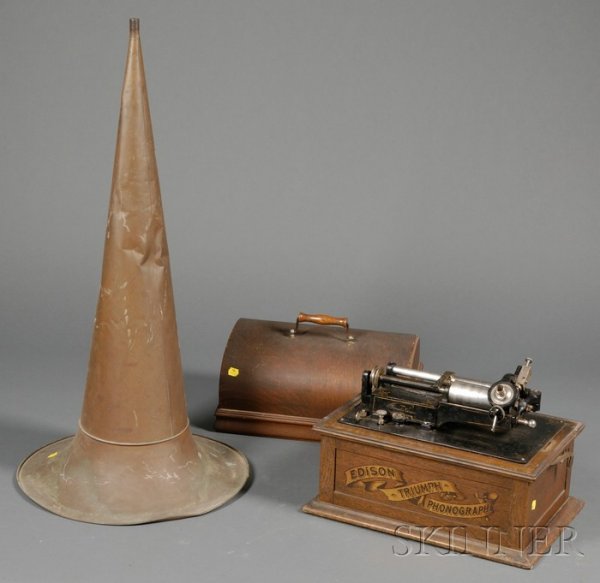 Model A Edison Triumph Phonograph, serial #40145, : Model A Edison Triumph Phonograph, serial #40145, in the "new style" oak domed lid case with Edison Triumph Phonographtransfer banner on front and top carrying handle, iron bed with pin striping and m