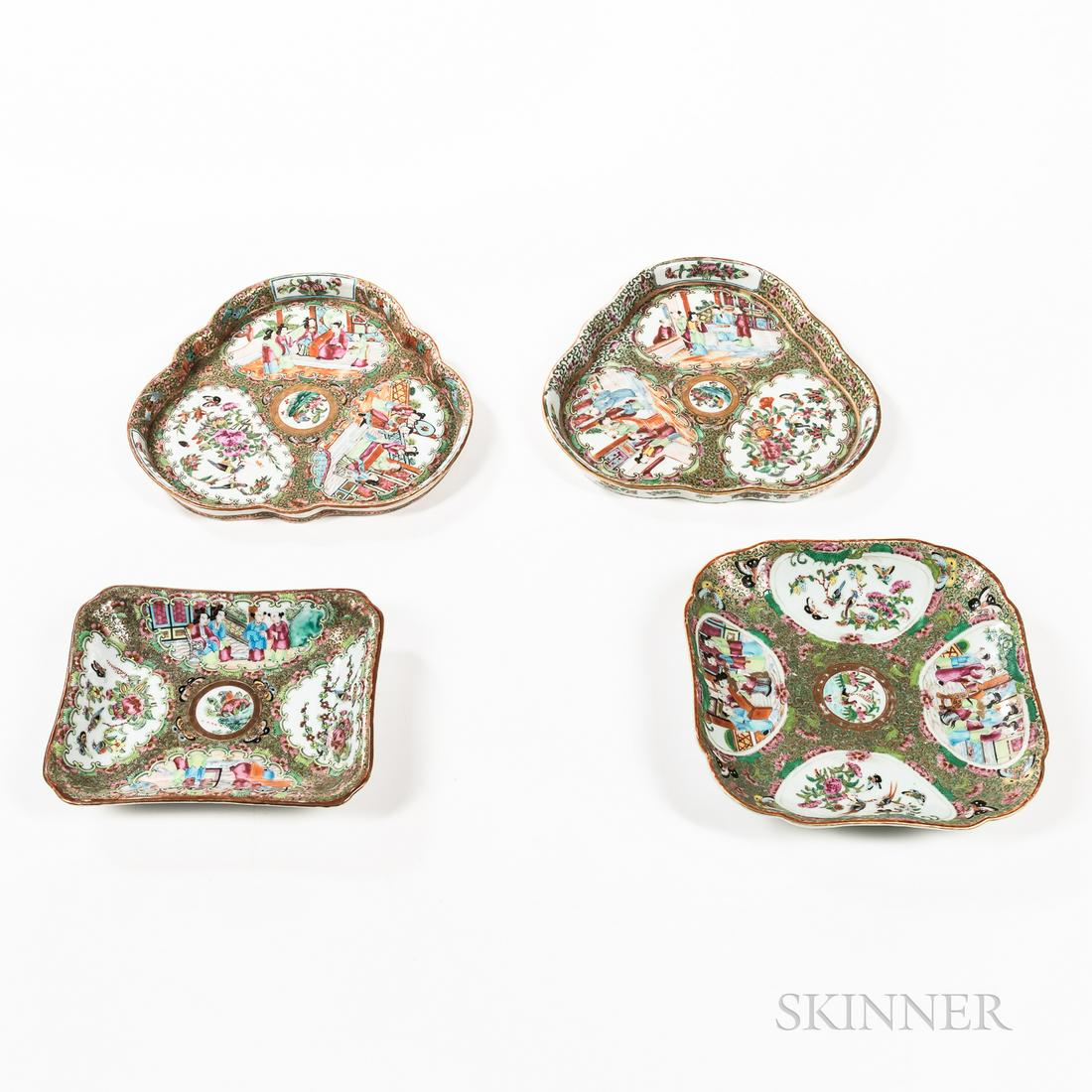 Four Rose Medallion Pattern Export Porcelain Trays,: Four Rose Medallion Pattern Export Porcelain Trays, China, 19th century, including a pair of trefoil trays, a small rectangular tray with rounded corners and slightly concave sides, and a square tray