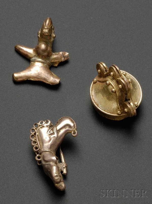 Three Pre-Columbian Cast Gold Ornaments, Colombia, : Three Pre-Columbian Cast Gold Ornaments, Colombia, Tairona, c. 1000-1500 A.D., two bird pendants and a lip plug with scrollwork, ht. to 1 1/8 in.