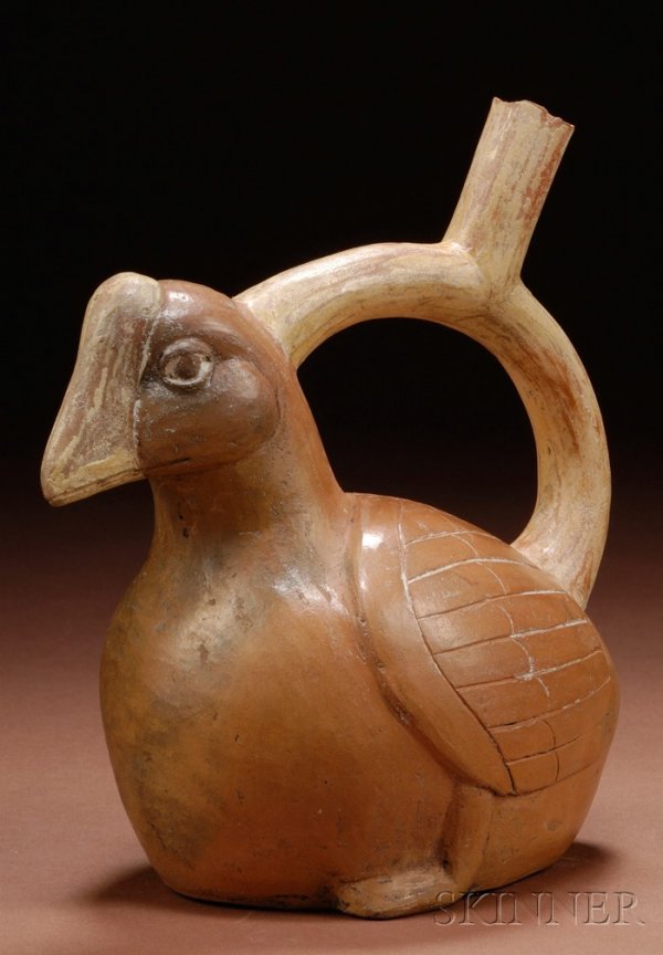 Pre-Columbian Stirrup Spout Pottery Vessel, Peru, : Pre-Columbian Stirrup Spout Pottery Vessel, Peru, Moche phase IV, c. 300-450 A.D., a "Torcasa" vessel with incised and painted detail, (chipped spout), ht. 7 1/2 in.