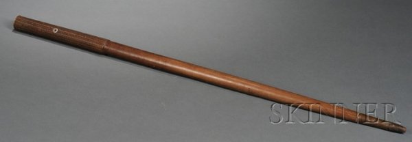 Polynesian Carved Wood and Metal Walking Stick, Fi: Polynesian Carved Wood and Metal Walking Stick, Fiji (?), c. 19th century, the handle chip-carved, with metal tip, copper ferrule above tip, and silver end cap with engraved initials, lg. 37 in.