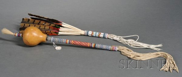 Beaded Peyote Rattle and Fan, 20th century, the ra: Beaded Peyote Rattle and Fan, 20th century, the rattle with gourd head and long twisted fringe, both with multicolored beaded handles done using the gourd stitch, lg. of rattle excluding fringe 14 in.