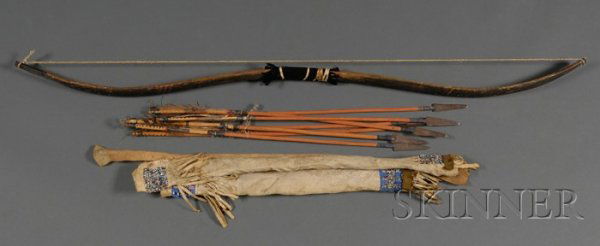 Plains Bow, Arrows, and Child's Quiver, c. late 19: Plains Bow, Arrows, and Child's Quiver, c. late 19th century, a painted curved bow and seven metal-tipped arrows (possibly the work of Lakota "No Two Horns"), and a beaded child-size hide bowcase and