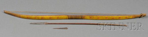 Plains Bow, Arrow, and Metal Point, c. 19th centu: Plains Bow, Arrow, and Metal Point, c. 19th century, The bow is painted yellow on one side with red dots, patina of use, bow lg. 38 1/2, arrow lg. 26 in.
