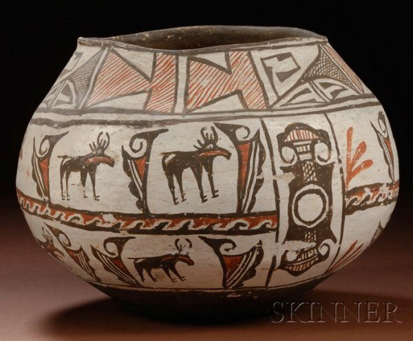 Southwest Polychrome Pottery Water Jar, Zuni, c. 1: Southwest Polychrome Pottery Water Jar, Zuni, c. 1900, the rounded form with two-color heartline deer and geometric devices on a white background, (paint loss), ht. 8, dia. 10 1/2 in.